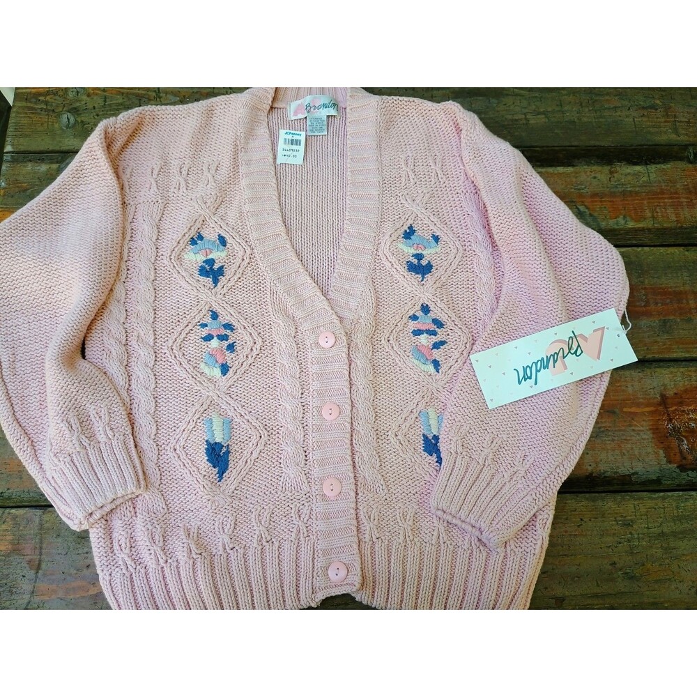 Vintage Brandon Cable Knit Chunky Knit Pink Cardigan Cottagecore Floral Grandma